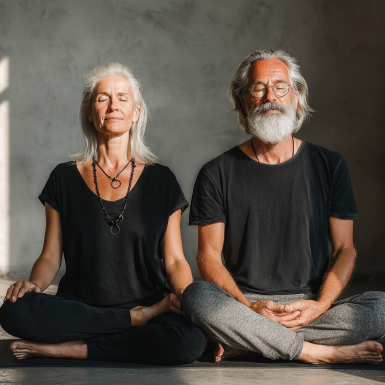 Літня жінка в спокійній позі йоги на природі